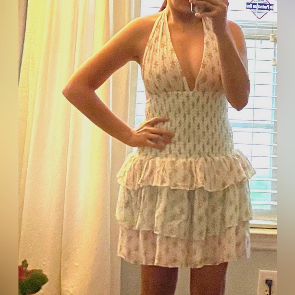 New! White Floral Smocked Tiered Mini Dress